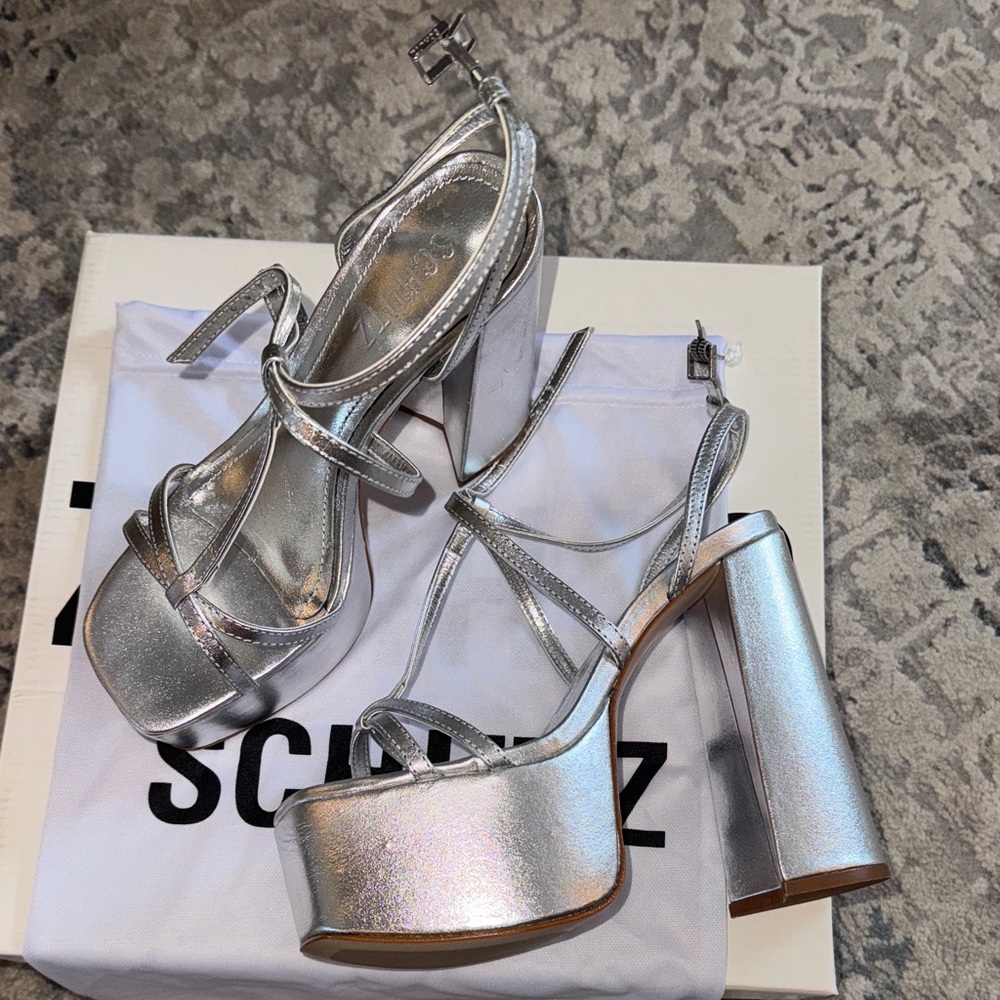SCHUTZ Metallic Silver Strappy Heels